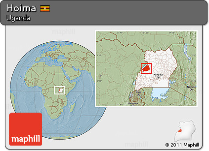 Savanna Style Location Map of Hoima, highlighted country, hill shading