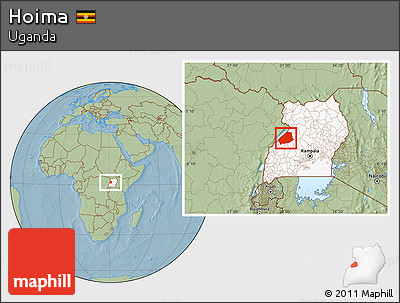 Savanna Style Location Map of Hoima, highlighted country, hill shading