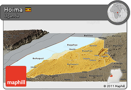 Physical Panoramic Map of Hoima, darken, semi-desaturated