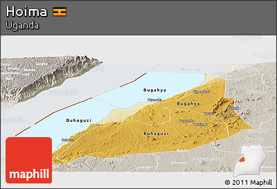 Physical Panoramic Map of Hoima, lighten, semi-desaturated