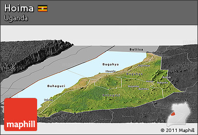 Satellite Panoramic Map of Hoima, darken, desaturated