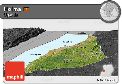 Satellite Panoramic Map of Hoima, darken, desaturated