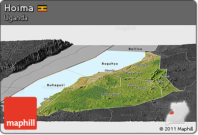 Satellite Panoramic Map of Hoima, darken, desaturated