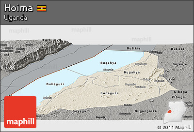 Shaded Relief Panoramic Map of Hoima, darken, semi-desaturated