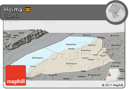 Shaded Relief Panoramic Map of Hoima, darken, semi-desaturated