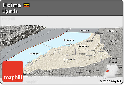 Shaded Relief Panoramic Map of Hoima, darken, semi-desaturated