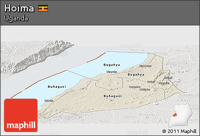 Shaded Relief Panoramic Map of Hoima, lighten, semi-desaturated