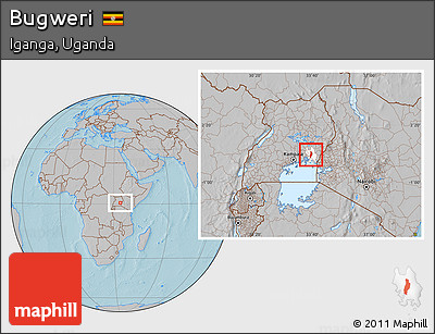 Gray Location Map of Bugweri, highlighted parent region, hill shading