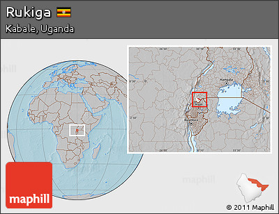 Gray Location Map of Rukiga, highlighted parent region, hill shading