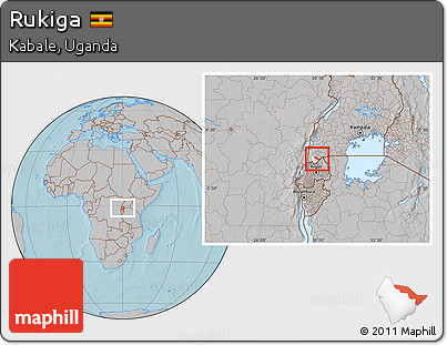 Gray Location Map of Rukiga, highlighted parent region, hill shading