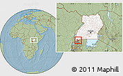 Savanna Style Location Map of Rukiga, highlighted country, highlighted parent region, within the entire country, hill shading