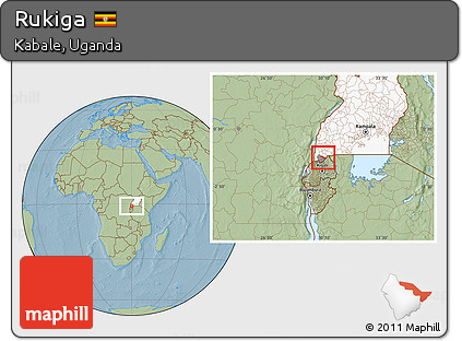 Savanna Style Location Map of Rukiga, highlighted country, highlighted parent region, hill shading