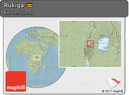 Savanna Style Location Map of Rukiga, highlighted parent region, hill shading