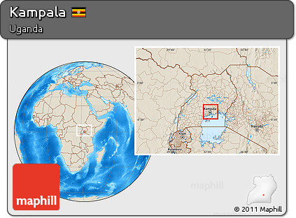 Shaded Relief Location Map of Kampala, within the entire country