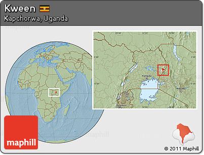 Savanna Style Location Map of Kween, highlighted parent region, within the entire country, hill shading