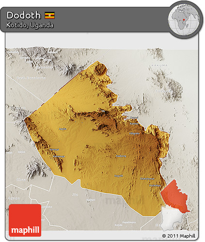 Physical 3D Map of Dodoth, lighten, semi-desaturated