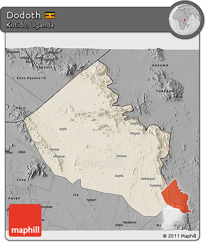 Shaded Relief 3D Map of Dodoth, darken, desaturated