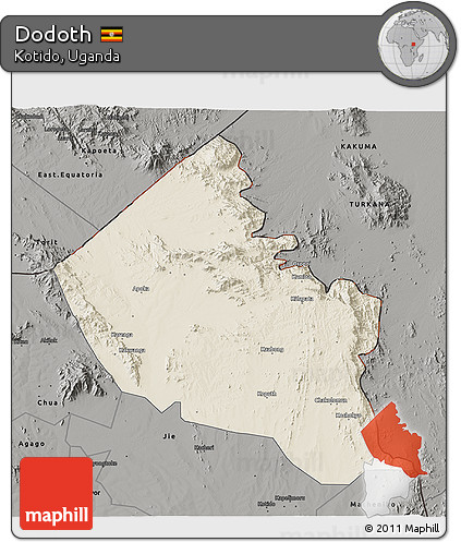 Shaded Relief 3D Map of Dodoth, darken, semi-desaturated