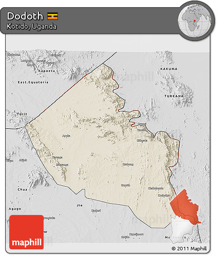 Shaded Relief 3D Map of Dodoth, desaturated