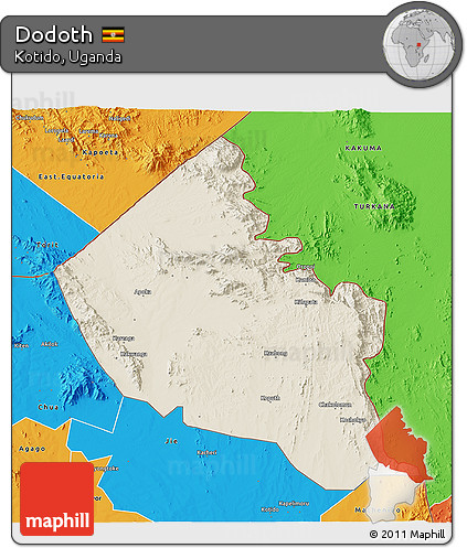 Shaded Relief 3D Map of Dodoth, political outside