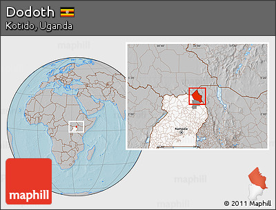 Gray Location Map of Dodoth, highlighted country, highlighted parent region, hill shading