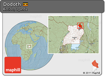 Savanna Style Location Map of Dodoth, highlighted country, highlighted parent region, within the entire country, hill shading