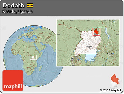 Savanna Style Location Map of Dodoth, highlighted country, highlighted parent region, within the entire country, hill shading