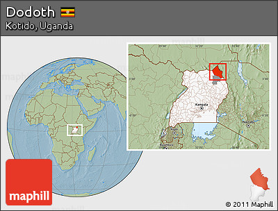 Savanna Style Location Map of Dodoth, highlighted country, highlighted parent region, within the entire country, hill shading