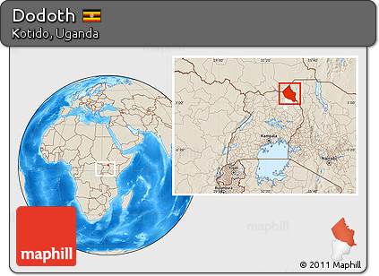 Shaded Relief Location Map of Dodoth, highlighted parent region, within the entire country