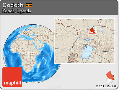 Shaded Relief Location Map of Dodoth, highlighted parent region, within the entire country
