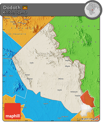 Shaded Relief Map of Dodoth, political outside