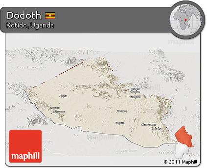 Shaded Relief Panoramic Map of Dodoth, lighten, semi-desaturated