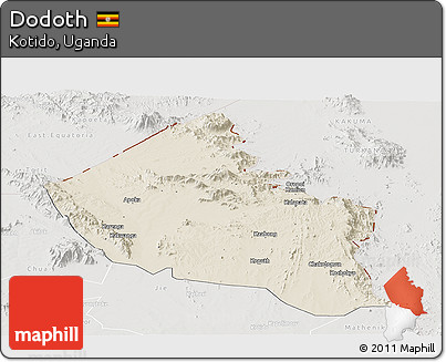 Shaded Relief Panoramic Map of Dodoth, lighten, semi-desaturated