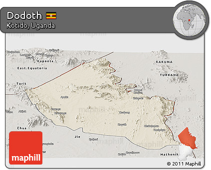 Shaded Relief Panoramic Map of Dodoth, semi-desaturated