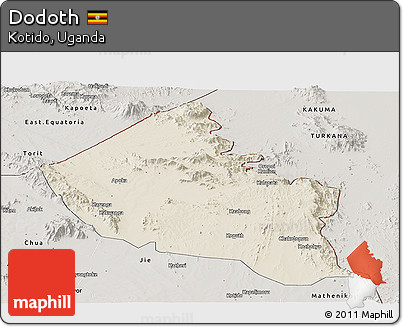 Shaded Relief Panoramic Map of Dodoth, semi-desaturated