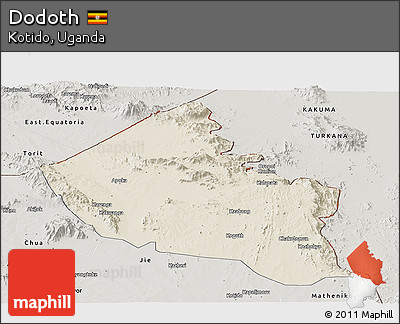 Shaded Relief Panoramic Map of Dodoth, semi-desaturated