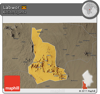 Physical 3D Map of Labwor, darken, semi-desaturated