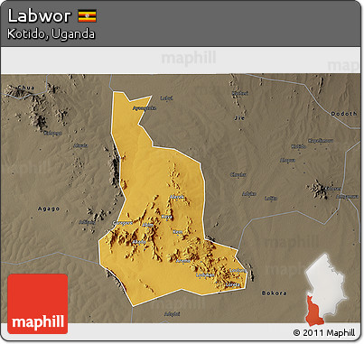 Physical 3D Map of Labwor, darken, semi-desaturated