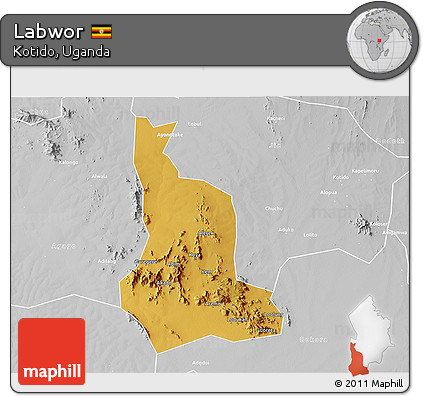 Physical 3D Map of Labwor, lighten, desaturated