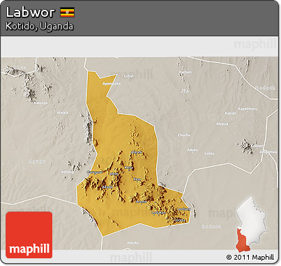 Physical 3D Map of Labwor, lighten, semi-desaturated