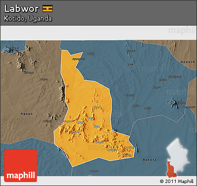 Political 3D Map of Labwor, darken, semi-desaturated