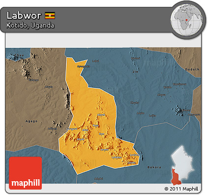 Political 3D Map of Labwor, darken, semi-desaturated