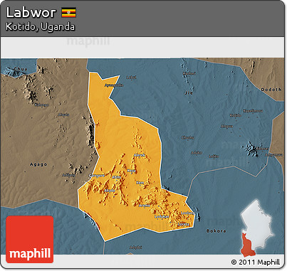 Political 3D Map of Labwor, darken, semi-desaturated
