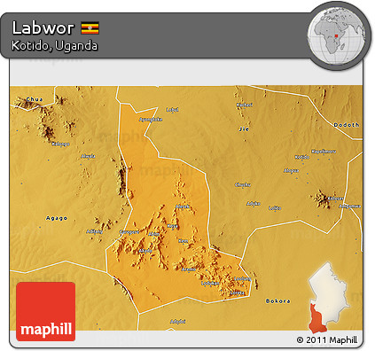 Political 3D Map of Labwor, physical outside