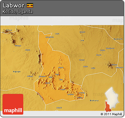 Political 3D Map of Labwor, physical outside