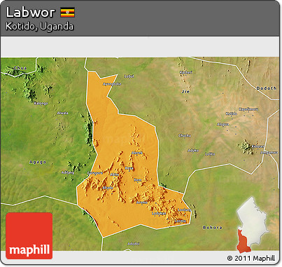 Political 3D Map of Labwor, satellite outside
