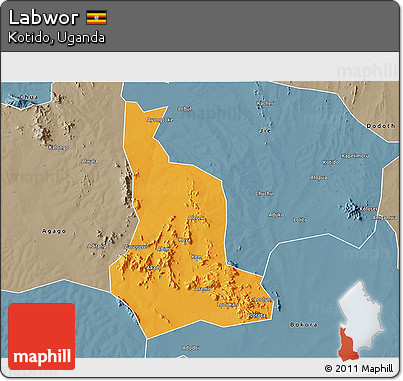 Political 3D Map of Labwor, semi-desaturated