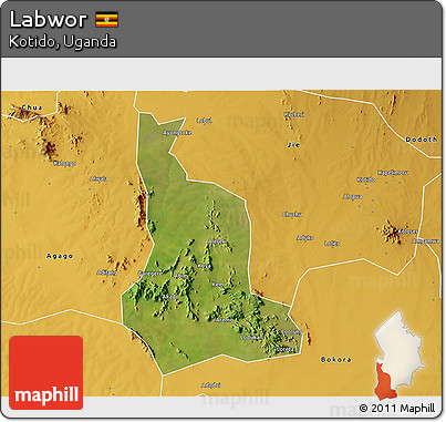 Satellite 3D Map of Labwor, physical outside