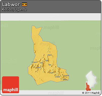 Savanna Style 3D Map of Labwor, single color outside