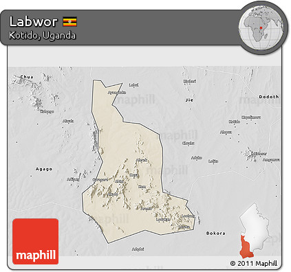 Shaded Relief 3D Map of Labwor, desaturated